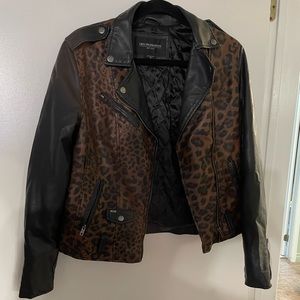 Obey leopard print and black faux/vegan leather bomber jacket